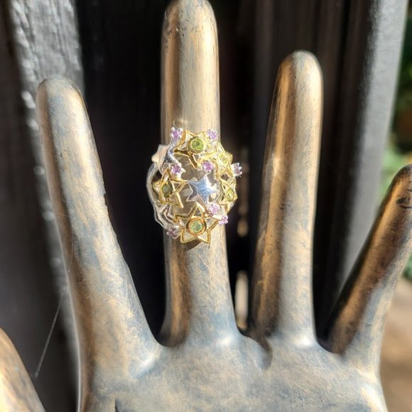 Amethyst & Peridot sterling and gold star dome ring sz6.5 - Picture 9 of 10